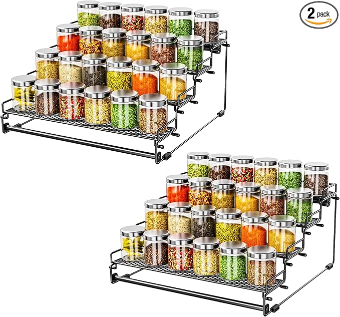 2 Pack 4 Tiered Countertop Spice Rack Organizer for Cabinet, Metal Tiered Spice Holder Storing 24 Spices Jars, Multipurpose Seasoning Shelf for Cupboard, Pantry, Kitchen Storage (2 Pcs)