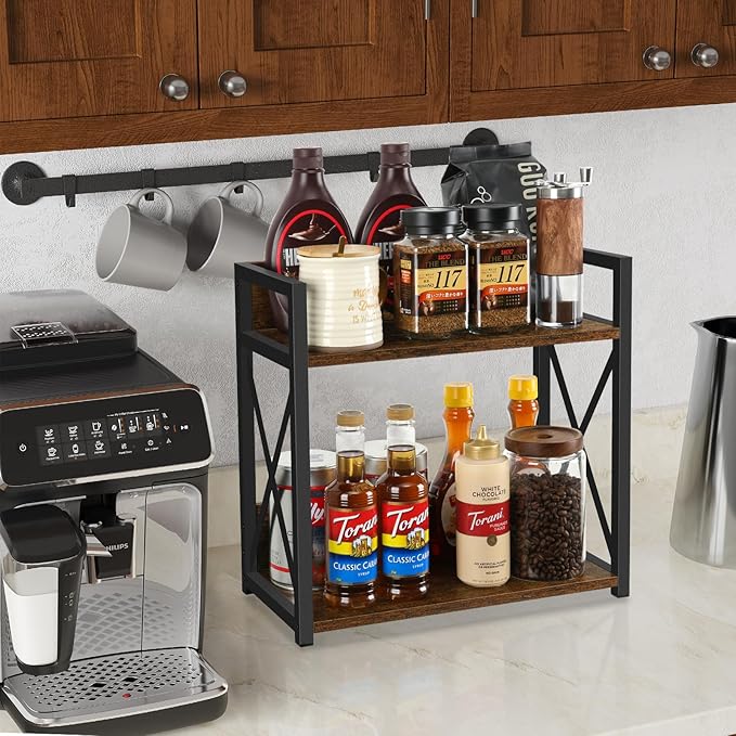 YINMIT Countertop Shelf Organizer,Coffee Bar Accessories,Spice Rack,Coffee Counter Shelf,2 Tier Coffee Organizer Station for Mugs,Cups,Cream,Syrup(Rustic Brown,Large)