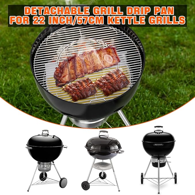 onlyfire Stainless Steel Detachable Grill Drip Pan for Weber 22" Kettle Grills, Grease Tray Liner with Removable Charcoal Divider, Semi-Circular