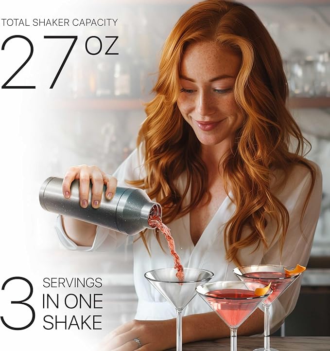 Insulated Cocktail Shaker Set | Double Wall Stainless Steel | Martini Shaker for Home Bar Bartending | Built-in Drink Measurement System & Strainer, Travel Bag, 35 Recipes | Gift Set (Antique Silver)