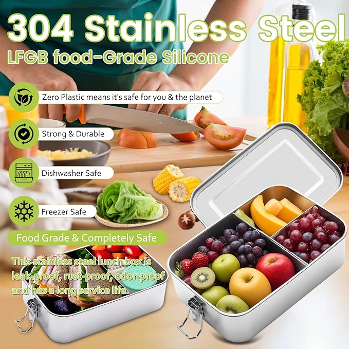 Stainless Steel Bento Lunch Box 1200ML,3 Compartment Metal Bento Lunch Boxes with 100ml Leak-proof Condiment Container,Metal Food Storage for Work Adults