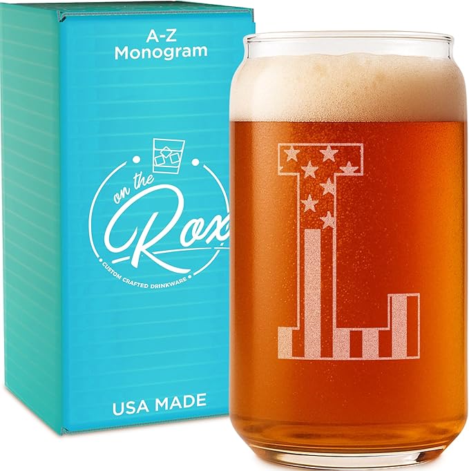Monogram Beer Glasses for Men (A-Z) 16 oz - Beer Gifts for Men Brother Son Dad Neighbor - Unique Gifts for Him - Personalized Drinking Gift Beer Glass Mugs - Engraved Beer Can Glass (L)