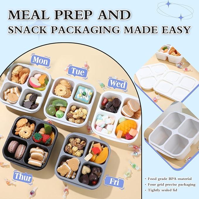 Honeydak 10 Pack Snack Container 4 Compartment Reusable Bento Snack Boxes Divided Lunchable Containers with Lids Meal Prep Lunch Food Storage Boxes for School Work Travel(Black and White Ombre Color)