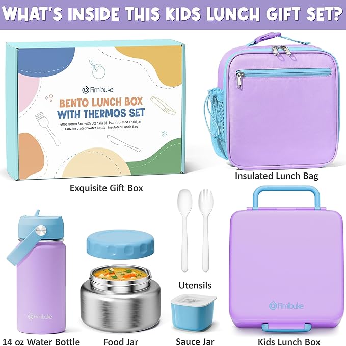 Fimibuke Kids Bento Lunch Box, Leakproof Toddler Bento Box with 8.5 OZ Insulated Food Jar, Lunch Bag, Kids Water Bottle, 3 or 4 Compartment Container for Back to School Toddler Girls Boys