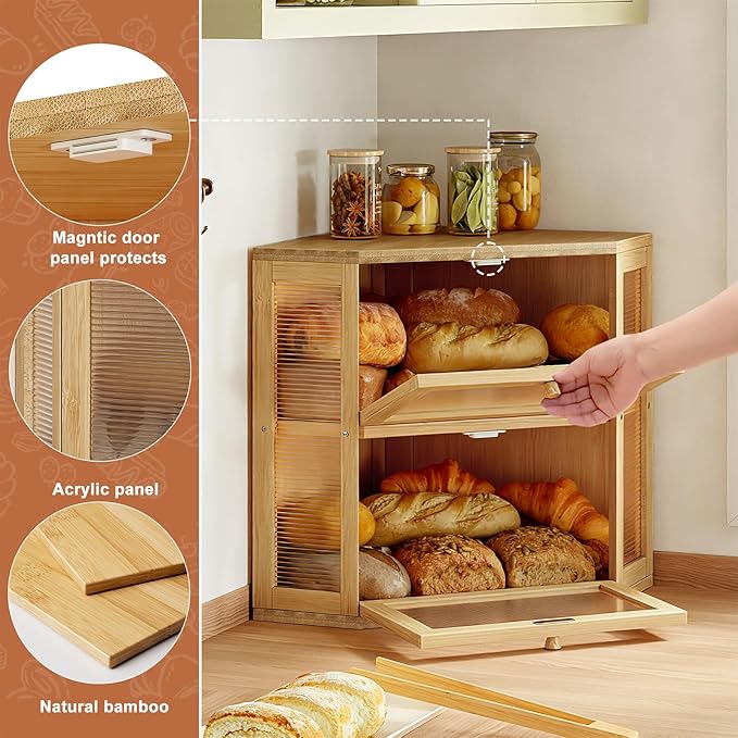 WOWLIVE Corner Bread Box for Kitchen Countertop, Double Layer Bamboo Bread Storage Container, Large Farmhouse Bread box with Acrylic Wavy Door Panel, Under Cabinet Organizer (Natural, Medium)