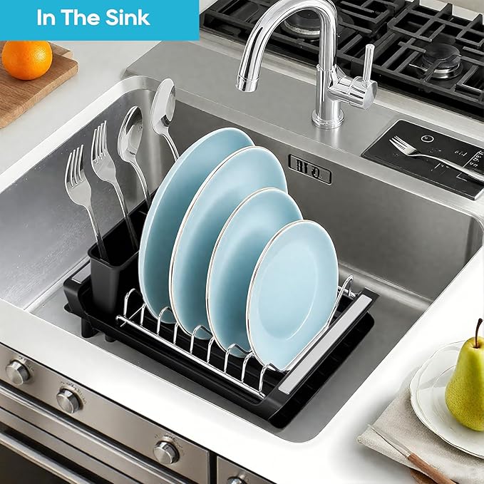 Small Expandable Dish Drying Rack – Compact & Space-Saving – No Spout, No Leaks – Durable, Rust Resistant & Easy to Clean – Ideal for Kitchens, Apartments & RVs – Extend 10.9 to 18.6 inches (Black)