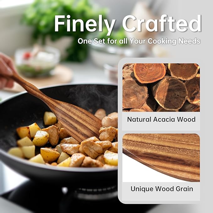 KARRYOUNG Acacia Wooden Spoons for Cooking – 6-Piece Wooden Kitchen Utensil Set with Spatula, Slotted Spoon & Pasta Fork