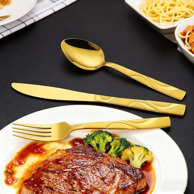 40 Pieces Gold Flatware Silverware Set, Stainless Steel Fork Spoon Knife Set Service for 8, Food Grade Cutlery Set 40-Piece, Dishwasher Safe