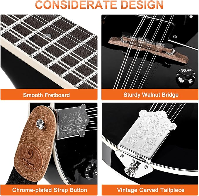 Vangoa Mandolin Instrument Mahogany Acoustic Electric A Style Mandolin Musical Instrument for Beginner Adults Teens Kids, Black