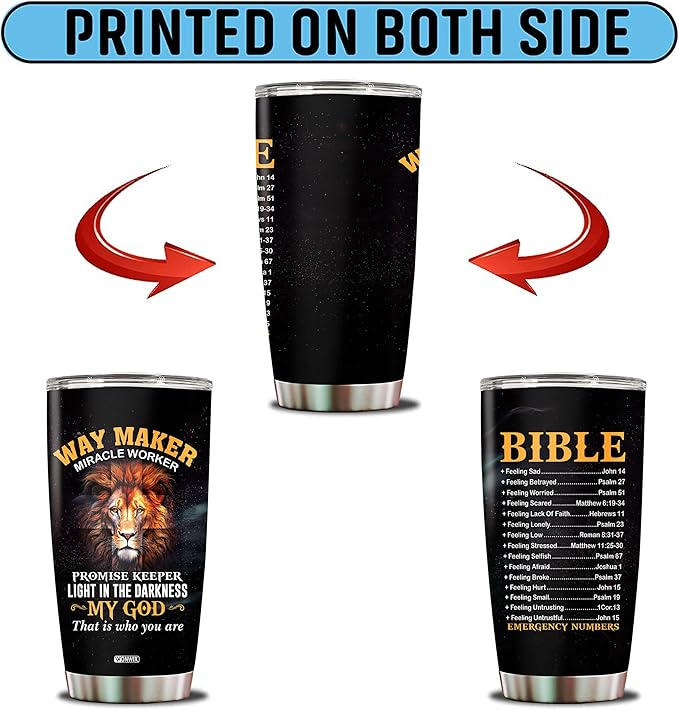 Christian Tumbler Gifts for Christians on Christmas Birthday Valentines 20 Oz Stainless Steel Lion Religious Coffee Mug Travel Cup Gift For Men Women Bible Emergency Numbers Mugs