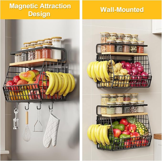 Magnetic Shelf for Fridge with Wood Lid, Fruit and Vegetable Storage Organizer, Wall Mounted Baskets with 4 Hooks, Magnetic Spice Shelves for Refrigerator, Countertop and Pantry