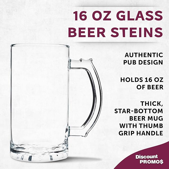 DISCOUNT PROMOS Glass Beer Mug 16 oz. Set of 10, Bulk Pack - Great for Wedding Favors, Groomsmen Gifts, Birthday Gifts - Clear Bottom Color