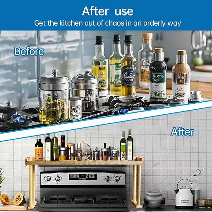 Over The Stove Top Shelf for Kitchen Bamboo Spice Rack Organizer for Back of Stove with Protective Lips & 6 Hooks,Easy Installation 33.5 * 4.5 * 13.4”