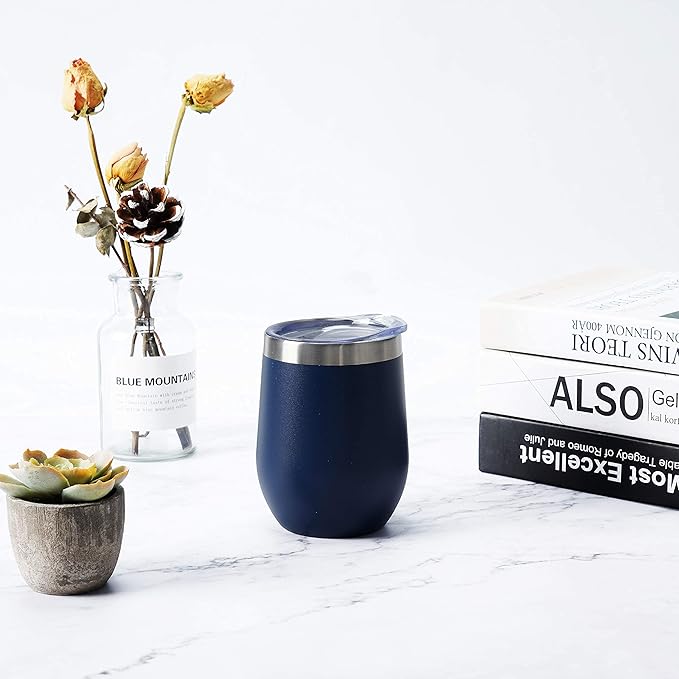 12 Pack Stainless Steel Wine Tumblers, 12Oz Double Wall Vacuum Insulated Wine Tumblers with Lids and Straws, Stainless Steel Stemless Wine Glasses for Coffee, Wine, Cocktails, Champaign, Navy Blue…