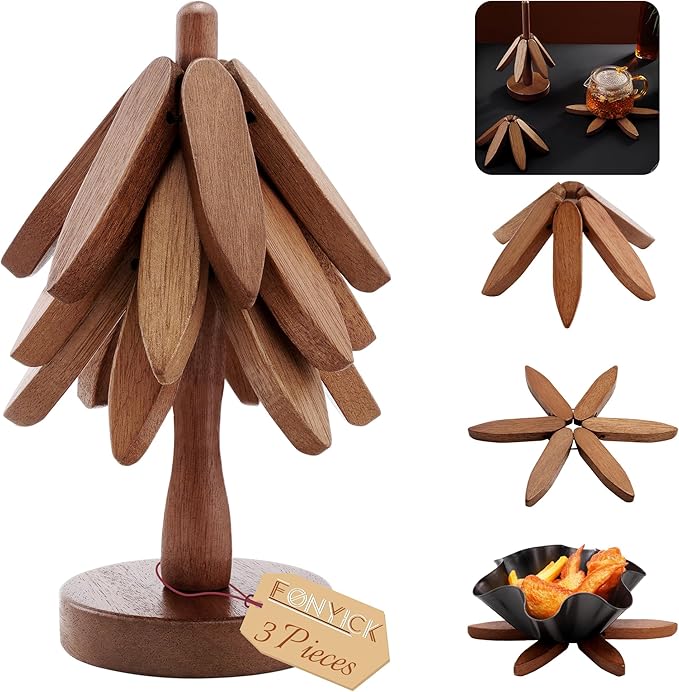 Wooden Trivets Tree for Hot Dishes, Set of 3 Wood Coaster for Hot Pots and Pans, Christmas Tree-Shaped Stackling Trivets with Organizer, 8 Inch Decorative Wooden Hot Pads, 3PCS Dark Walunt