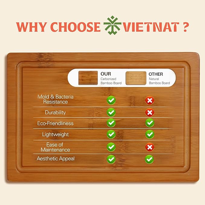 Vietnam Carbonized Bamboo Cutting Board Set of 3 with Holder, Non Toxic Reversible Boards with Juice Groove, Smooth Finish and Non Slip Feet, Handmade in Vietnam for Prep and Charcuterie