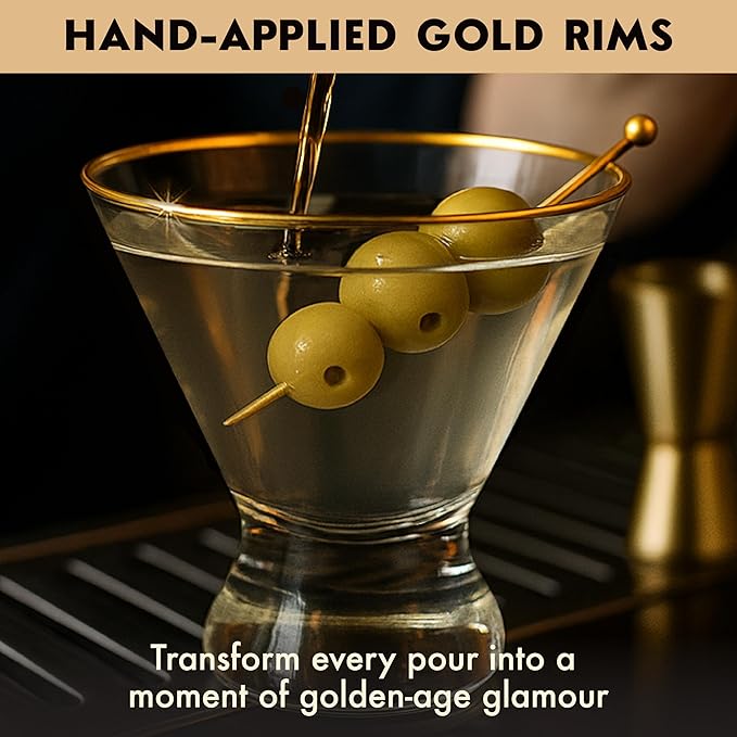 VEMACITY - Stemless Martini Glasses Set of 4 with Gold Rims & Bar Tools - Crystal Cocktail Glasses for Espresso Martinis, Margaritas - Includes Gold Jigger & 4 Picks | Ideal for Christmas & New Years