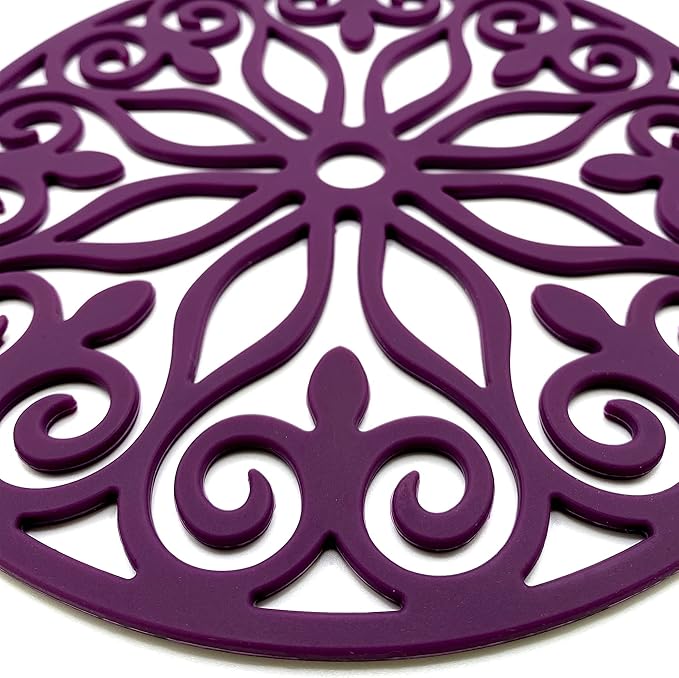 3 Set Silicone Trivet Mats with 1 Extra Large Included | Intricately Carved Insulated Flexible Durable Non Slip Thick Round Premium Trivets for Hot pots and Pans | Deep Purple