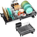 TOOLF Dish Drying Rack - Large Expandable Dish Rack for Kitchen Counter, Stainless Steel Dish Drainer for Kitchen Organization with Cutlery ＆ Cup Holder, Black