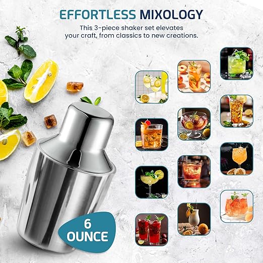 OCS Parts 3-Piece Stainless Steel Cocktail Shaker | 6-Ounce | Makes Perfect Mixed Drinks, Cocktails, and Coffees