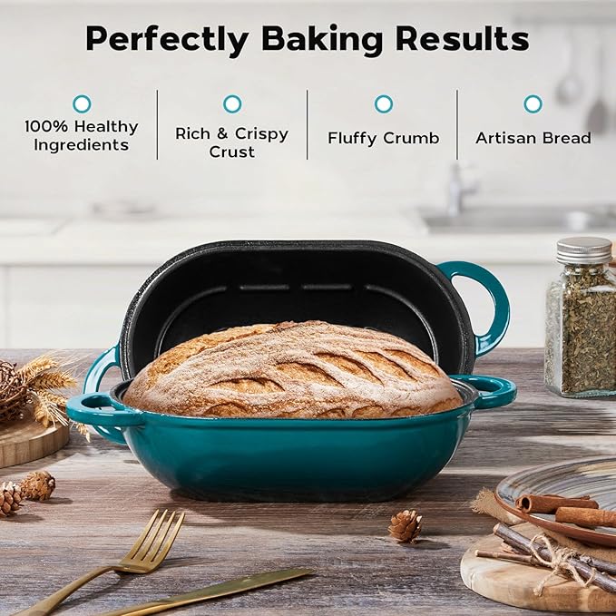 Onader Enameled Cast Iron Dutch Oven, Oval Dutch Oven Pot with Lid for Sourdough Bread Baking, 2.8QT Meatloaf Pan, Heavy Duty - Dark Cyan