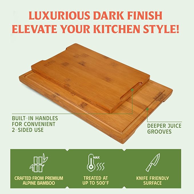 Vietnam Carbonized Bamboo Cutting Board Set of 2 with Holder, Non Toxic Reversible Boards with Juice Groove, Smooth Finish and Non Slip Feet, Handmade in Vietnam for Prep and Charcuterie