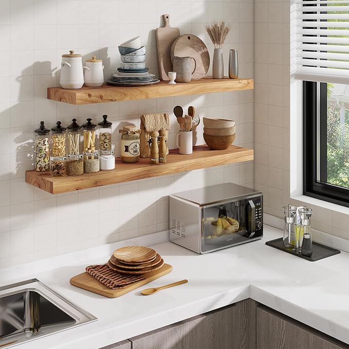 Floating Shelves, 8" Deep Rustic Solid Elm Wood Wall Mounted Floating Shelves, Wall Shelves with Invisible Bracket for Living Room Bathroom Bedroom Kitchen, 72 Inch, Natural