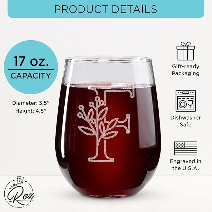 On The Rox Drinks Monogrammed Gifts For Women and Men - Letter A-Z Initial Engraved Monogram Stemless Wine Glass - 17 Oz Personalized Wine Gifts For Women and Men (F)