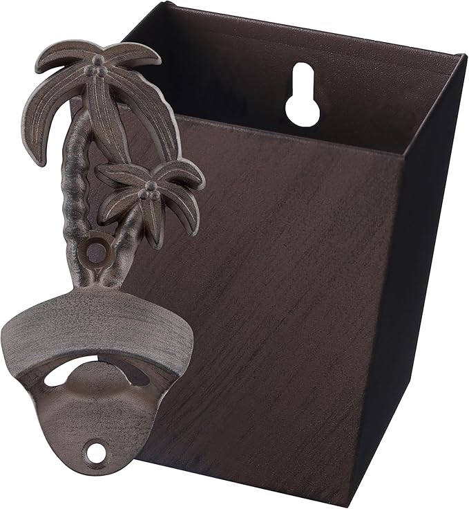 Rustic Bottle Opener Wall Mounted Palm Tree Stainless Vintage Mountable Beer Soda Top Opener with Cap Catcher Drained Outdoor for Gift (Brown)
