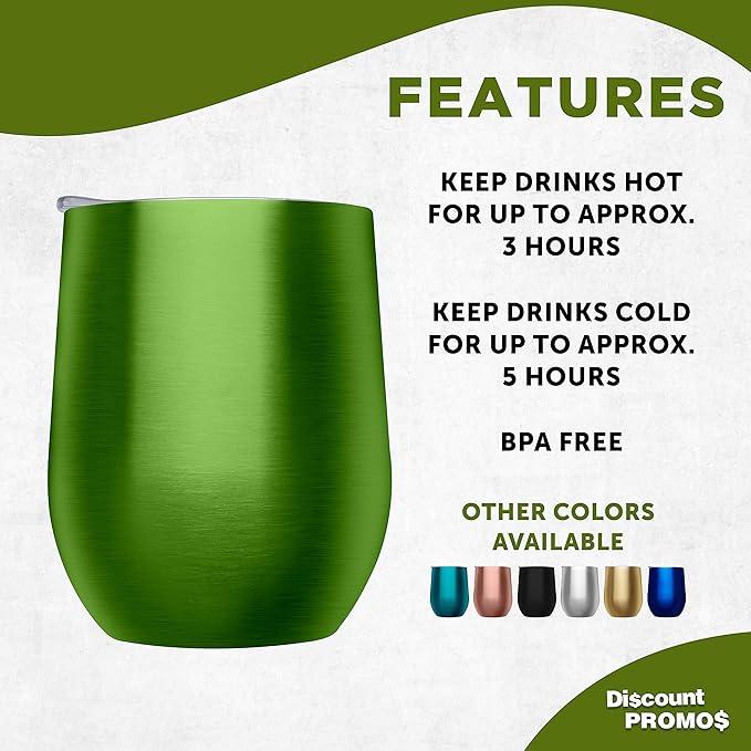 DISCOUNT PROMOS Stemless Wine Glass Tumblers with Lids by Largo 11 oz. Set of 6, Bulk Pack - Perfect for Wine, Cocktails, Other Hot & Cold Beverages - Lime Green