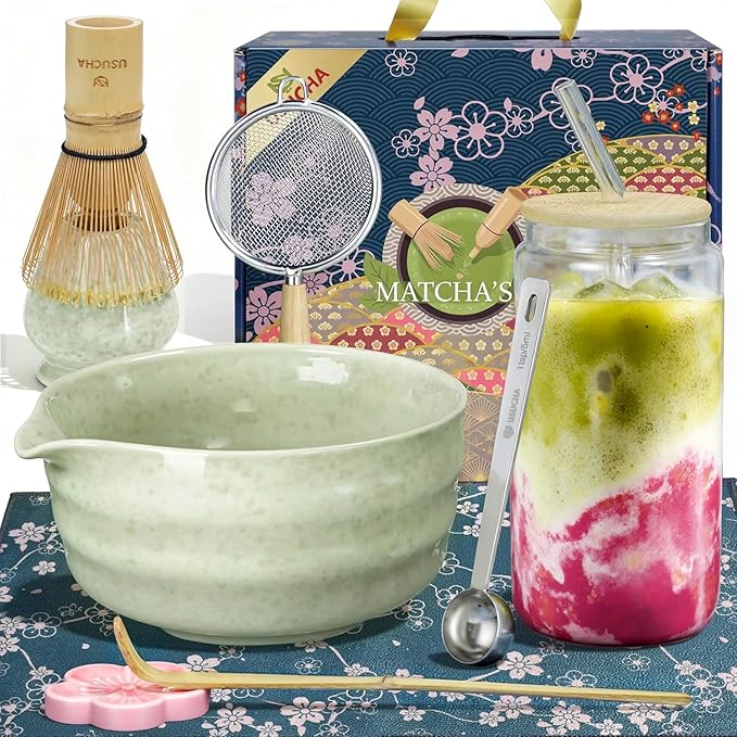 Matcha Whisk Set, 9 Pcs Ceramic Matcha Kit Includes Bowl & Bamboo Whisk & Holder, Matcha Cup & Measuring Spoon, Tea Set Gift for Matcha Lovers Beginners (Pea Green)