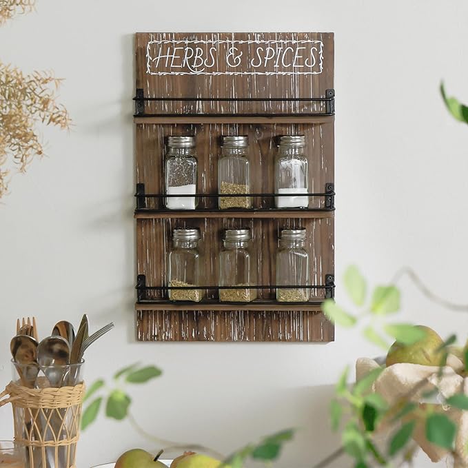 Farmhouse Wall Mount Spice Rack, Brown Wooden 3-Tier Shelf Organizer, Kitchen Pantry Wall-mounted Space Saving Storage Holder for 18 Jars
