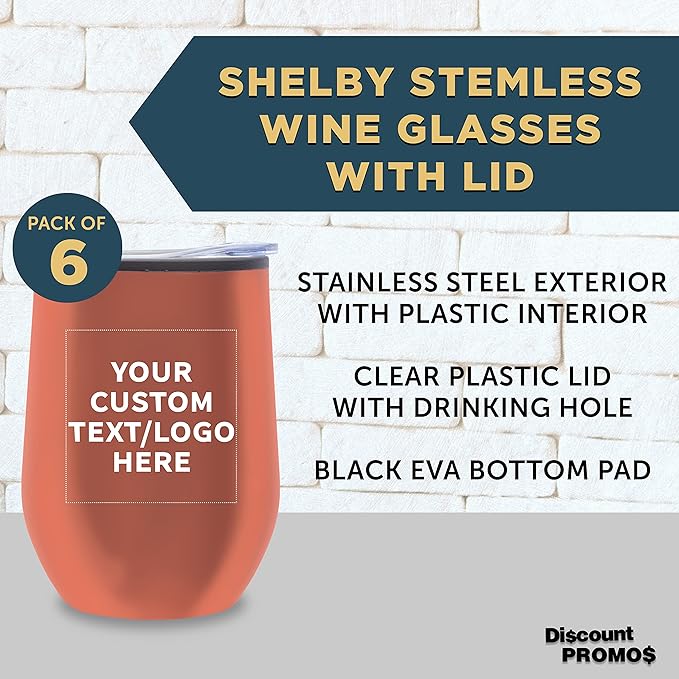 Custom Stemless Wine Tumblers 12 oz. Set of 6, Personalized Bulk Pack - Insulated, Perfect for Wine, Cocktails, Other Hot & Cold Beverages - Rose Gold