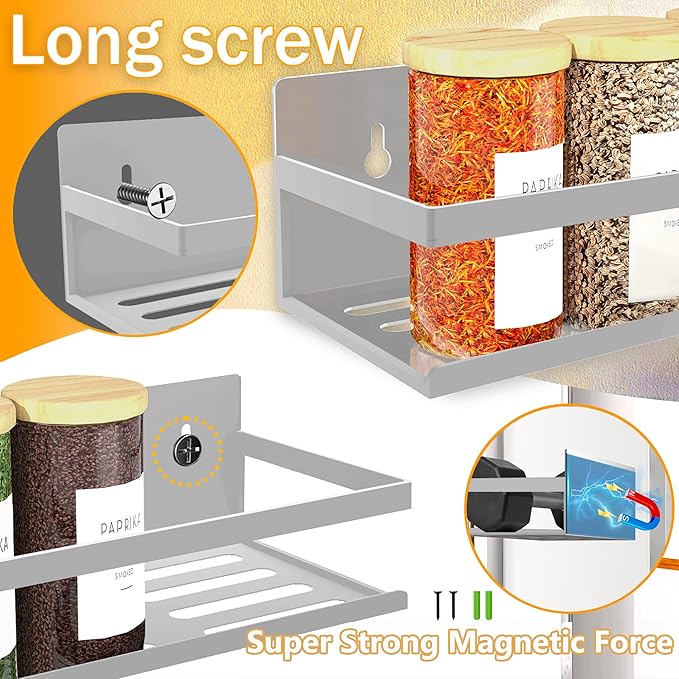 Magnetic Spice Rack for Refrigerator Seasoning Organizer for Spice Fridge Shelf storage Magnetic Shelf with Hook for Oven (4pack-Cut out-Grey)