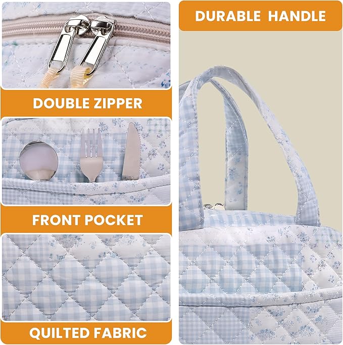 Quilted Lunch Box for Women,Cute Blue Patchwork Lunch Bags for Work, School,Office,Picnic,Travel(green blue pin)