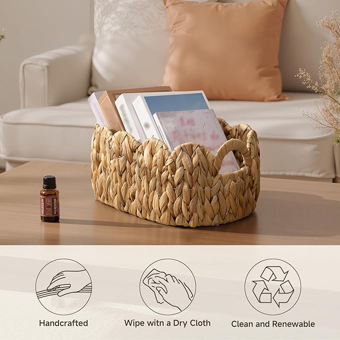 StorageWorks Scalloped Wicker Basket, Hand-woven Rattan Baskets with Built-in Handles, Cute Baby Basket for Nursery, Water Hyacinth Baskets for Organizing and Decor, 2 Pack