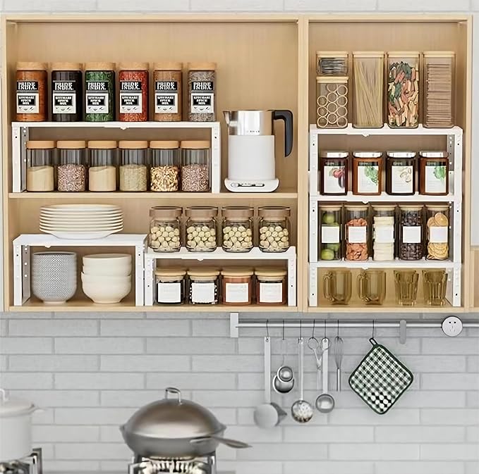 Expandable Spice Rack Organizion for Kitchen Cabinet, Seasoning,Bathroom Organizer Display Shelf, Stackable Multi-Purpose Shelves.Easy-to-Install（1Pack/White,Large