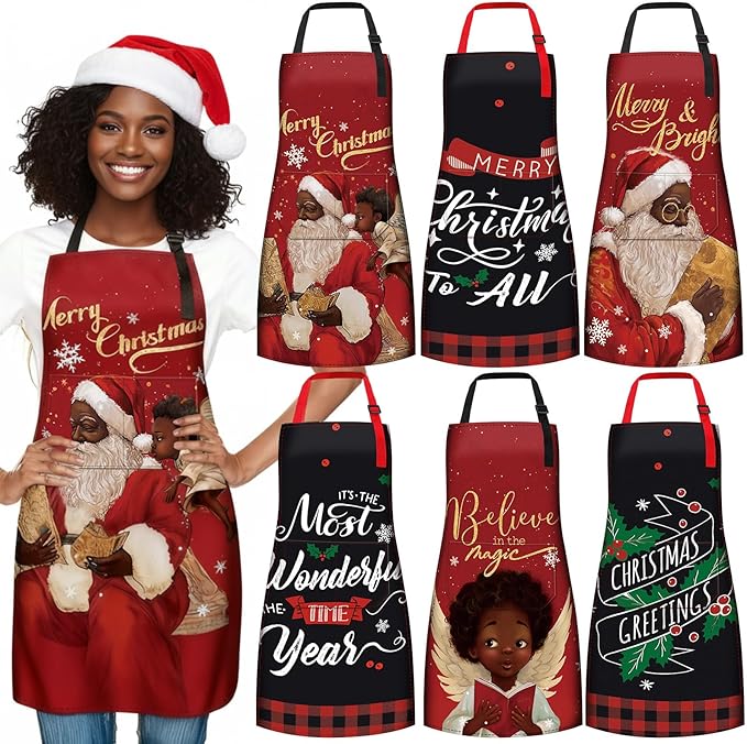 6 Pcs Christmas Aprons for Women Xmas Tree Aprons with Pockets Vintage Adjustable Baking Supplies for Adults
