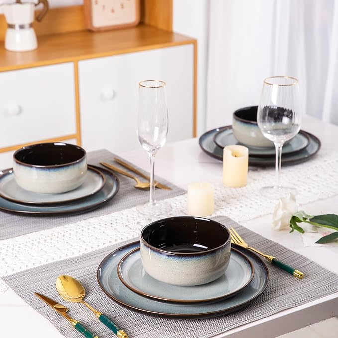 LERATIO Ceramic Dinnerware Sets for 8,Plates and Bowls Sets,Reactive Glaze Dishes Set,Highly Chip and Crack Resistant | Dishwasher & Microwave & Oven Safe Dishes set,Service for 8-Gray White(24pcs)