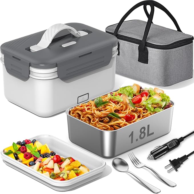 Electric Heated Lunch Box for Car Truck Home 1.8L 100W Portable Food Warmer with 12V/24V/110V/220V Hot Meal for Work Travel Jobsite Camping Christmas Gifts White Elephant Gifts for Adults/Men/Woman