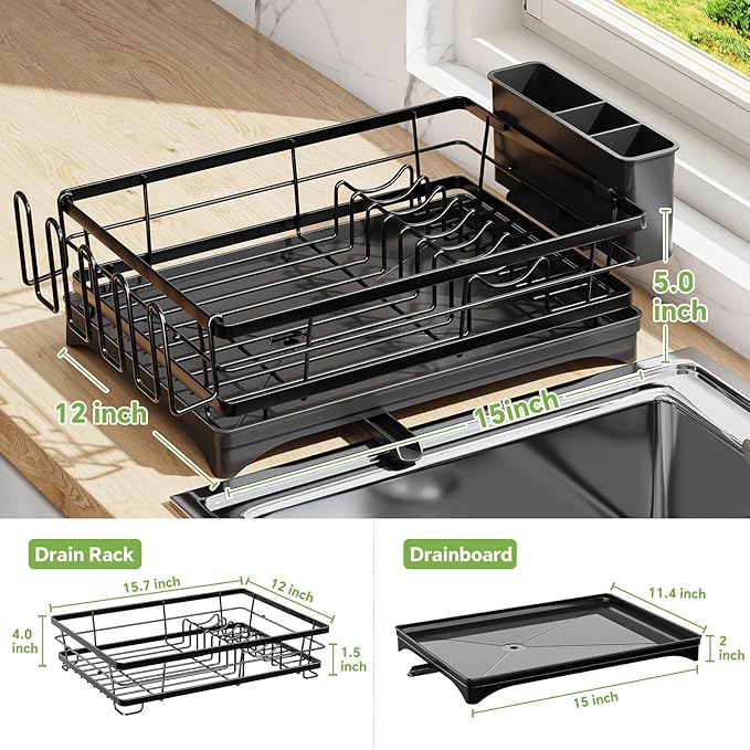Dish Racks for Kitchen Counter, Rustproof Dish Drying Rack, Dish Drainers with Utensil Holder for Kitchen Sink, Kitchen Organizer for Dishes with Drip Tray, 12" W x 15.7" L, Black