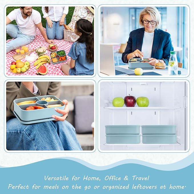 4 Pack Silicone Bento Boxes for Adults, 5 Compartment Reusable Lunch Containers with Sauce Section, Leakproof Meal Prep Snack Box Microwave & Dishwasher Safe for Work School Office(Blue)