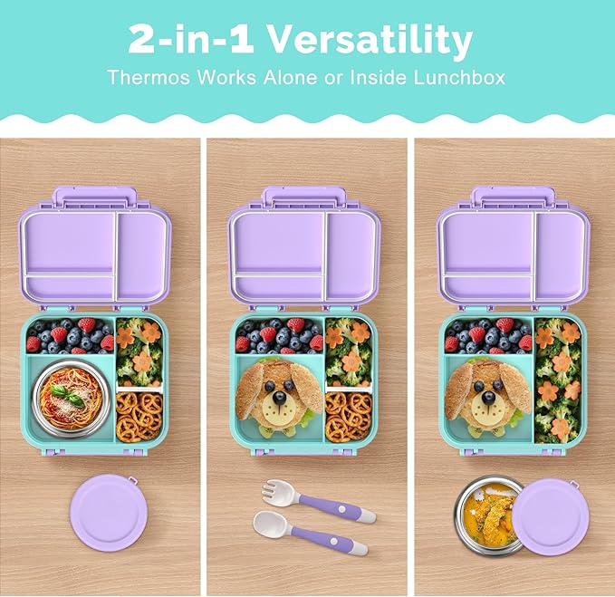 Bento Box for Kids with Soup Thermos(9oz)– Kid Bento Lunch Box with Leak Proof Insulated Food Jar, Hot & Cold Lunch Container Set for School Girls Boys, 4-Compartments, Purple/Blue