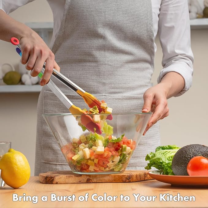 Rainbow Silicone Tongs for Cooking, Heat Resistant Kitchen Tongs for Salad, Grilling, Cooking, 304 Stainless Steel Locking and BPA Free Silicone Tips Set of 2, 9 and 12 Inch