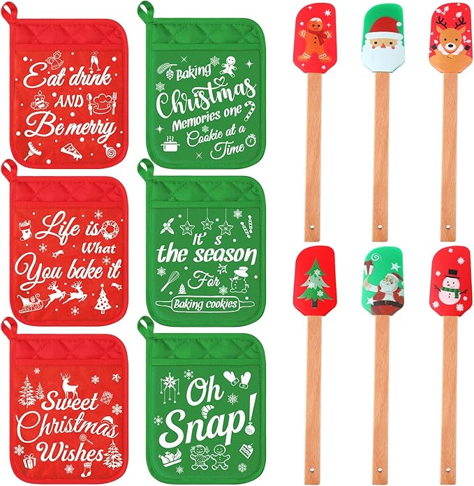 Yaomiao 12 Pcs Christmas Pot Holders with Silicone Spatula Set Wooden Handles Pot Holders for Christmas Kitchen Utensils xmas Baking Gifts for Neighbor Cooking Essentials(Cute)