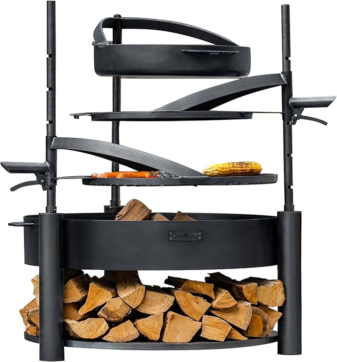 Grand Hearth 32" Cooking Fire Pit, Deluxe 3-in-1 Grill Plate, Griddle Skillet Set, Rods, Frying Pan Set, Backyard BBQ Grilling Campfire, Handcrafted, Large Outdoor Steel Firepit by Good Directions