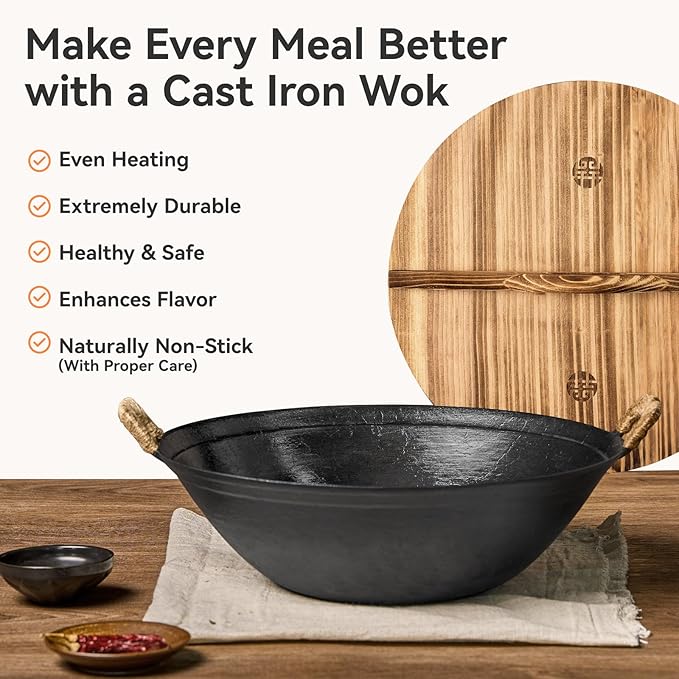 WANGYUANJI 14.2 Inch Cast Iron Wok with Wooden Lid and Stainless Steel Spatula, Flat Bottom Double-Handle Chinese Stir Fry Pan, Uncoated Cast Iron Wok for Induction, Gas and Electric Stoves