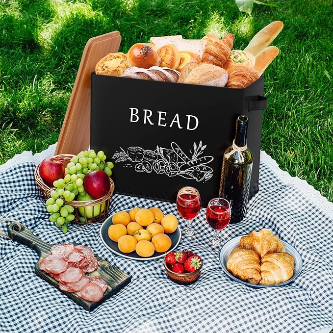 P&P CHEF Bread Box for Kitchen Counter, Metal Bread Storage Bin with Wooden Cutting Lid, Large Capacity for Holding 2+ Loaves, Retro Modern Style, Size 13” x 7.2” x 9.7”, Black