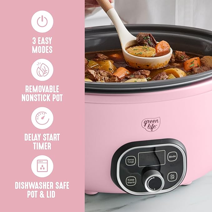 GreenLife 6QT Slow Cooker, Non-Toxic PFAS-Free Ceramic Nonstick Removable Interior Bowl, Programmable, Family Friendly, Keep Warm, Stovetop & Oven Safe, Dishwasher Safe Crock, Timer, Glass Lid, Pink