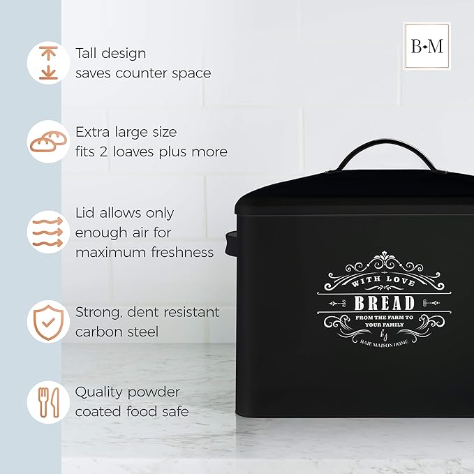 Extra Large Black Bread Box - Holds 2+ Loaves, Counter Organizer for Farmhouse, Vintage, Rustic Kitchens